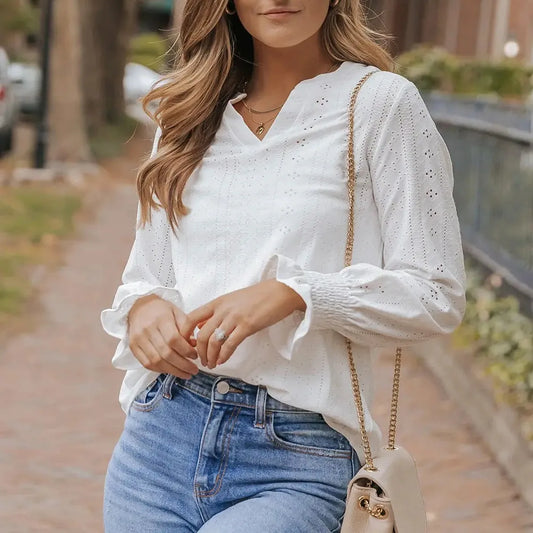 Openwork Notched Flounce Sleeve Blouse — square view — Livostyle