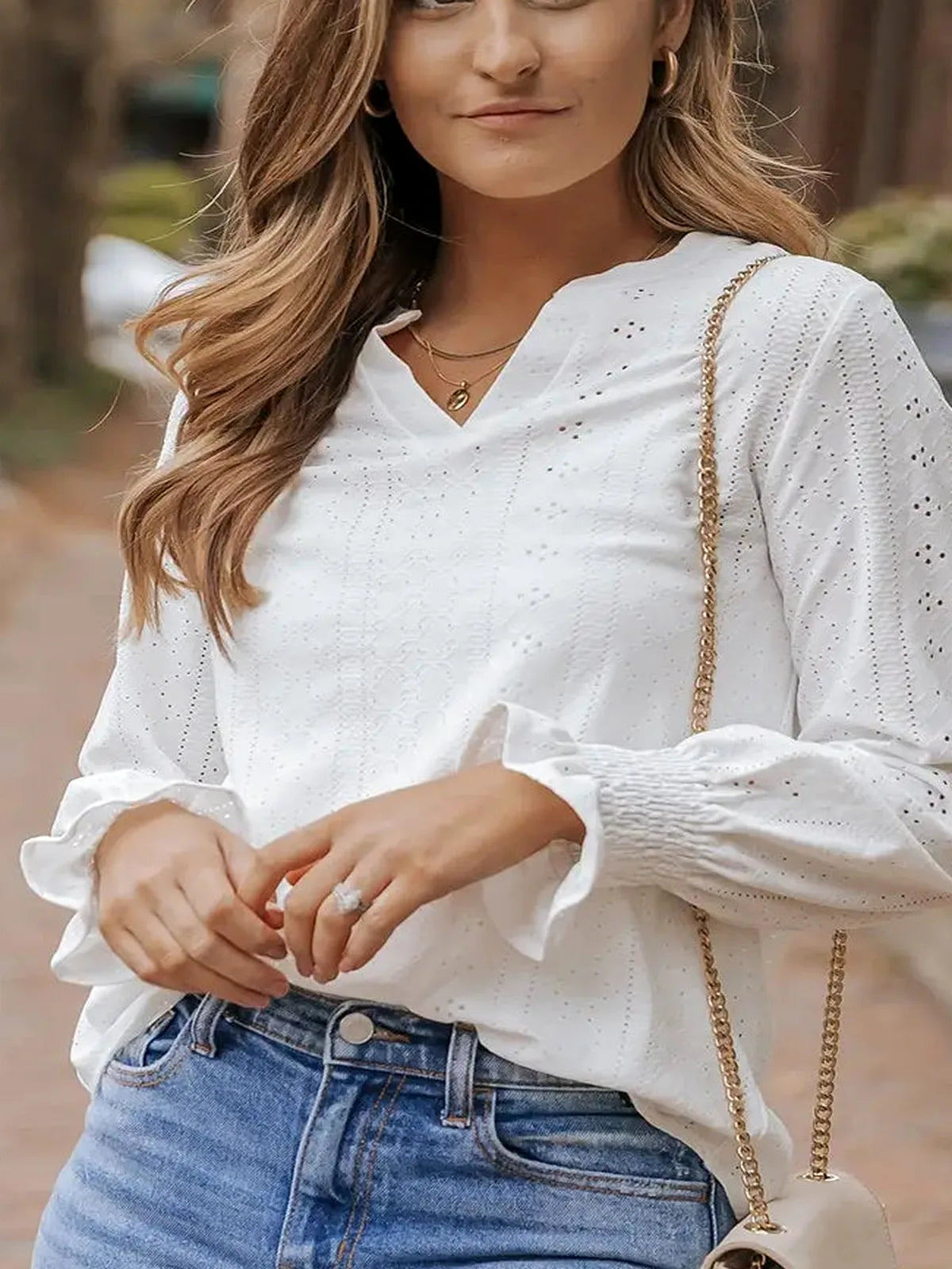 Openwork Notched Flounce Sleeve Blouse — detail view — Livostyle