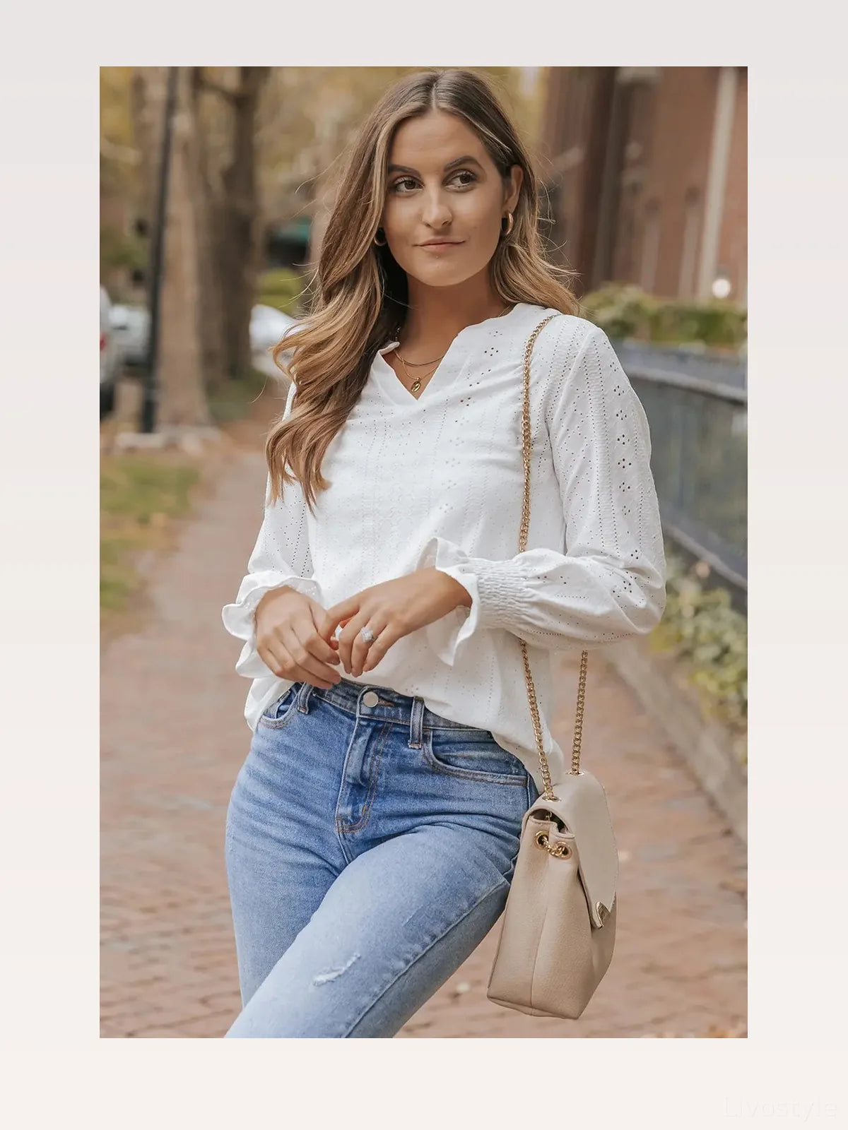 Openwork Notched Flounce Sleeve Blouse — styled showcase — Livostyle