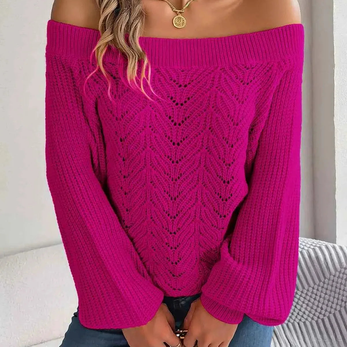 Openwork Off-Shoulder Long Sleeve Sweater — square view — Livostyle