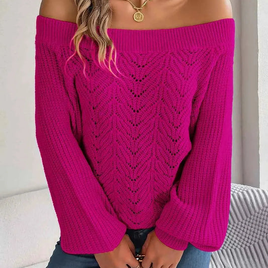 Openwork Off-Shoulder Long Sleeve Sweater — square view — Livostyle