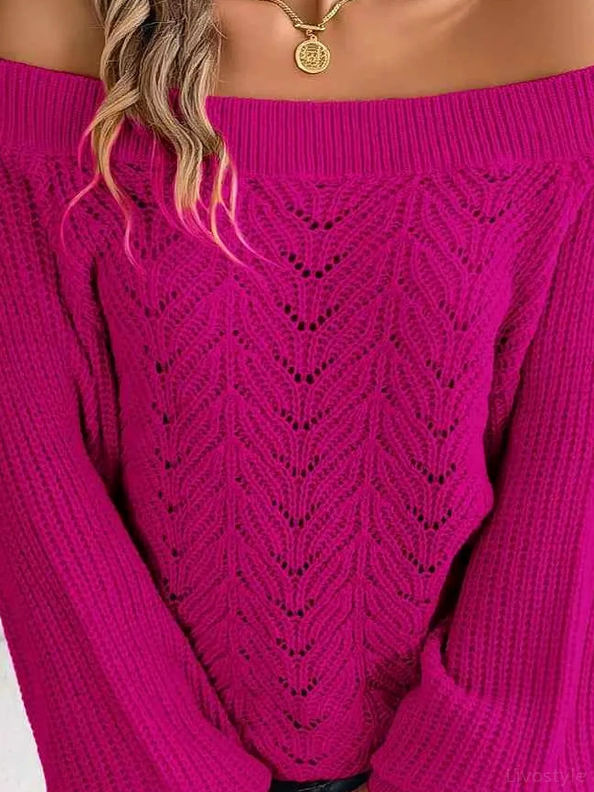 Openwork Off-Shoulder Long Sleeve Sweater — detail view — Livostyle