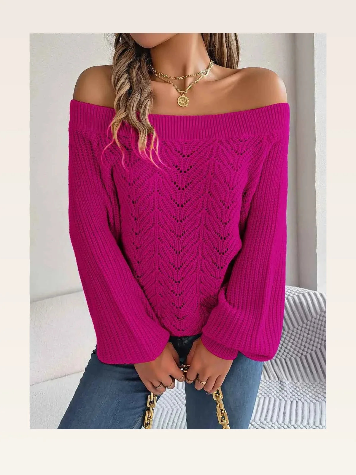 Openwork Off-Shoulder Long Sleeve Sweater — styled showcase — Livostyle