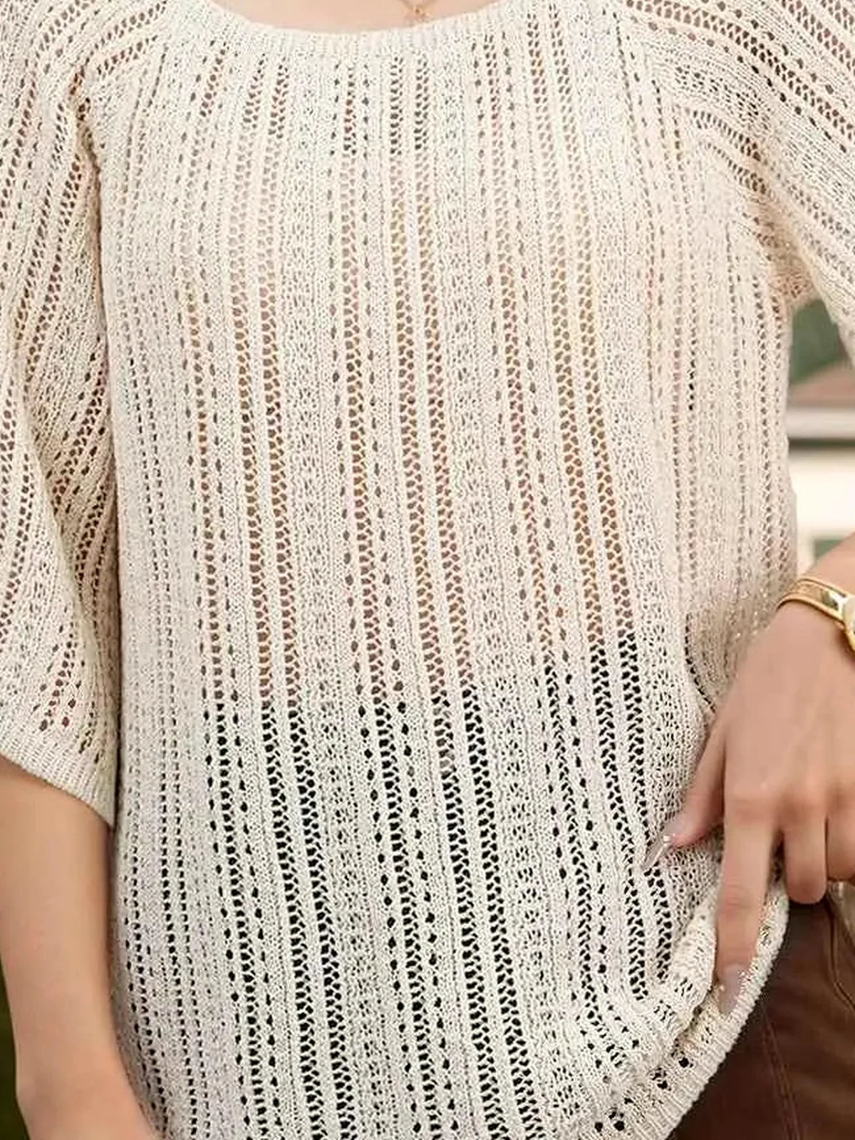 Tan Textured Open Knit Elbow Sleeve Round Neck Cover-Up — detail view — Livostyle