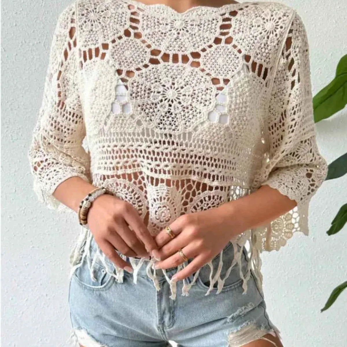 Cream Crochet Fringe Three-Quarter Sleeve Round Neck Cover-U — square view — Livostyle
