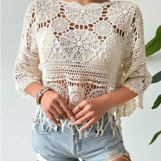 Cream Crochet Fringe Three-Quarter Sleeve Round Neck Cover-U — square view — Livostyle