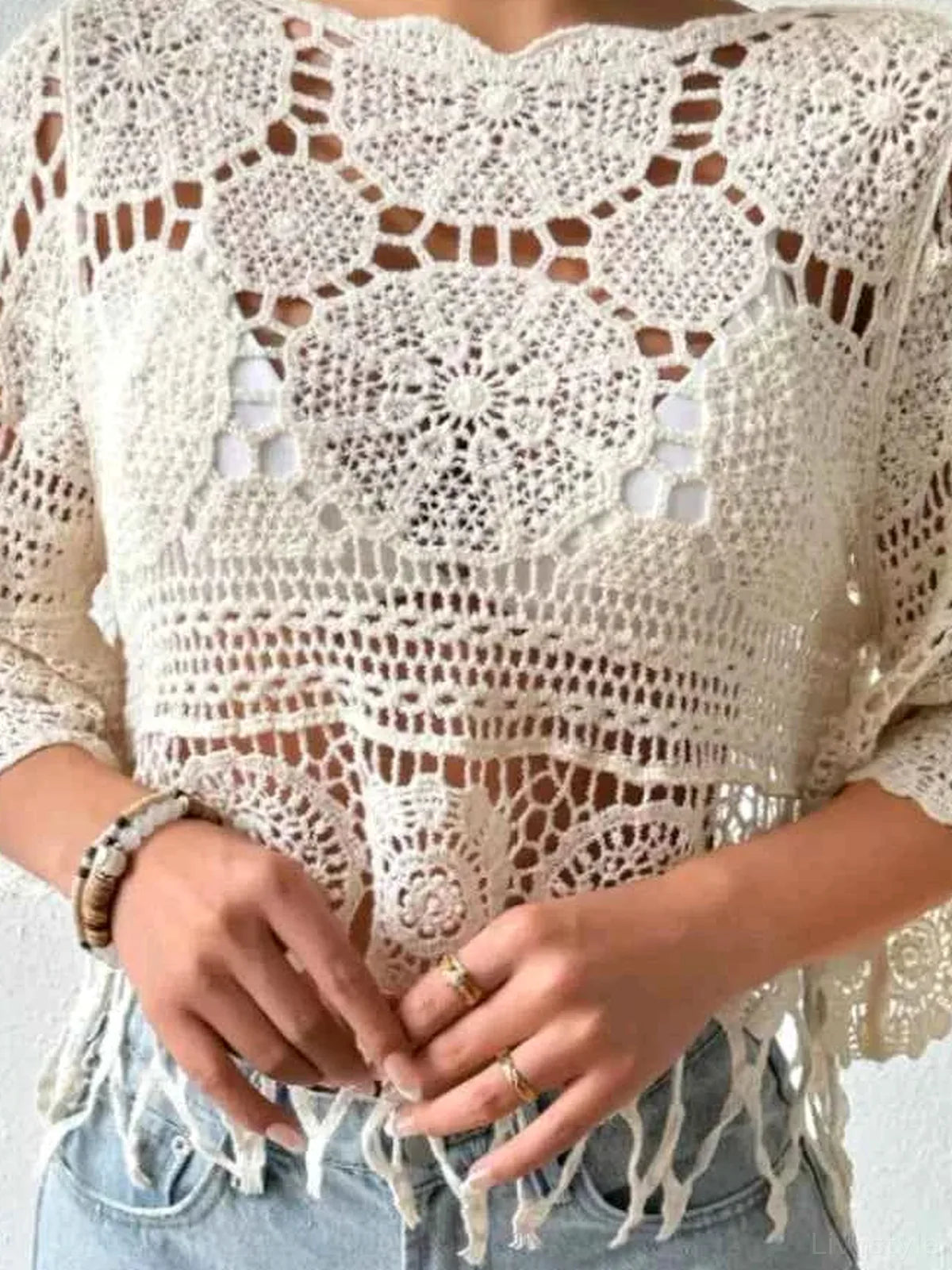 Cream Crochet Fringe Three-Quarter Sleeve Round Neck Cover-U — detail view — Livostyle