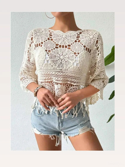Cream Crochet Fringe Three-Quarter Sleeve Round Neck Cover-U — styled showcase — Livostyle