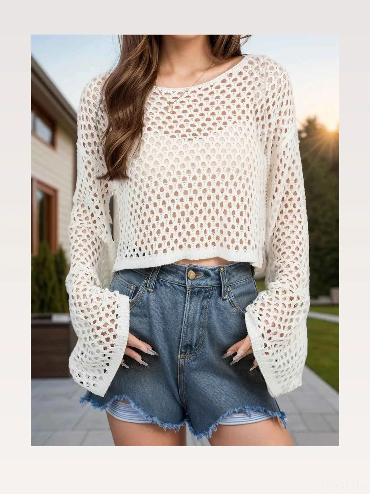 Openwork Round Neck Long Sleeve Cover Up — styled showcase — Livostyle