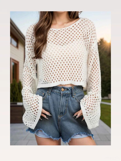 Openwork Round Neck Long Sleeve Cover Up — styled showcase — Livostyle