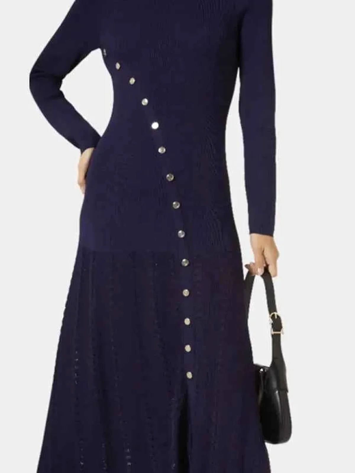 Openwork Round Neck Long Sleeve Sweater Dress — detail view — Livostyle