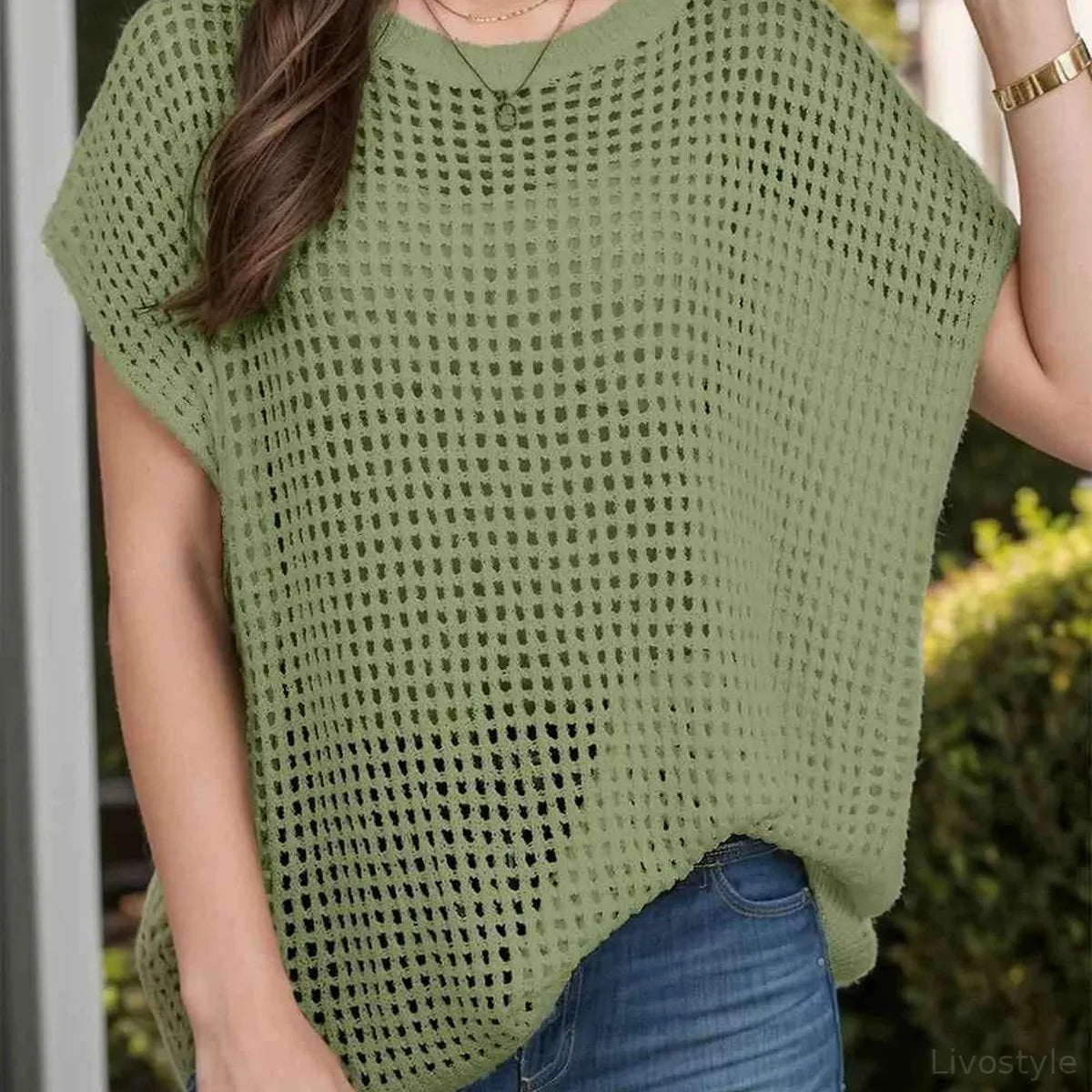 Olive Green Open Knit Round Neck Short Sleeve Cover-Up — square view — Livostyle