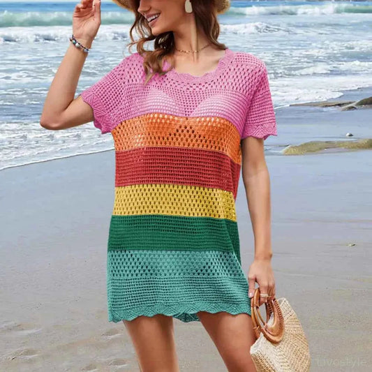 Openwork Round Neck Short Sleeve Cover-UP — square view — Livostyle