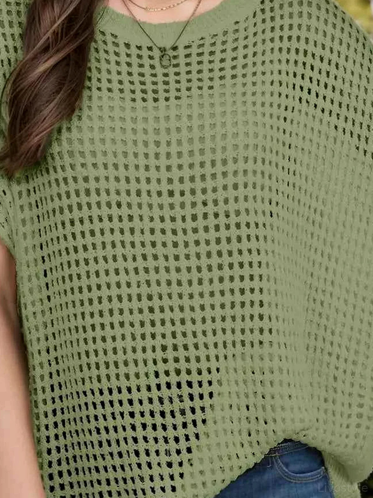 Olive Green Open Knit Round Neck Short Sleeve Cover-Up — detail view — Livostyle