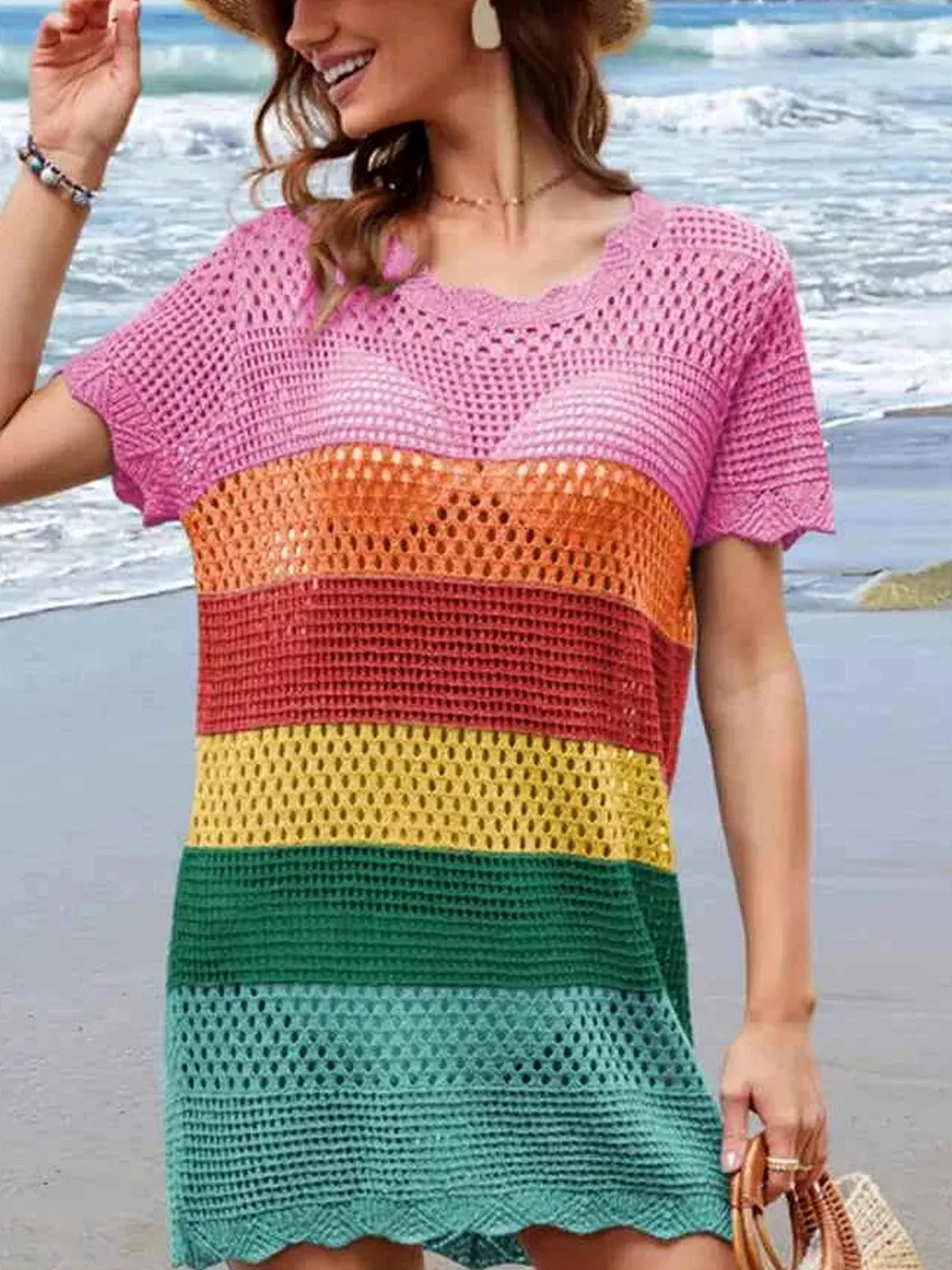 Openwork Round Neck Short Sleeve Cover-UP — detail view — Livostyle