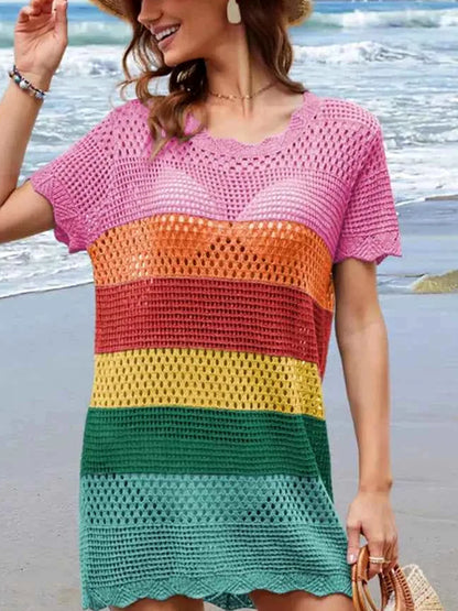 Openwork Round Neck Short Sleeve Cover-UP — detail view — Livostyle
