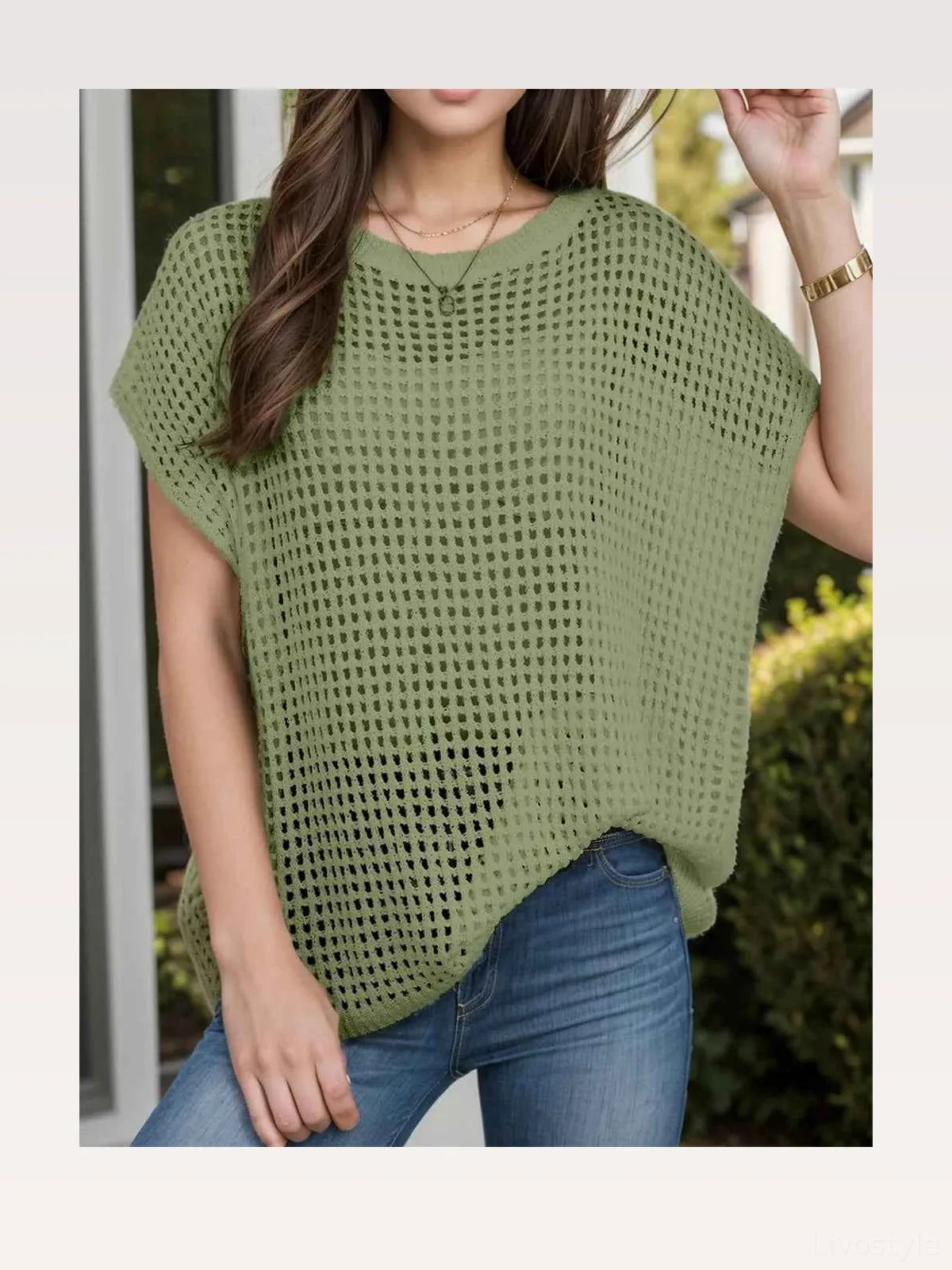 Olive Green Open Knit Round Neck Short Sleeve Cover-Up — styled showcase — Livostyle