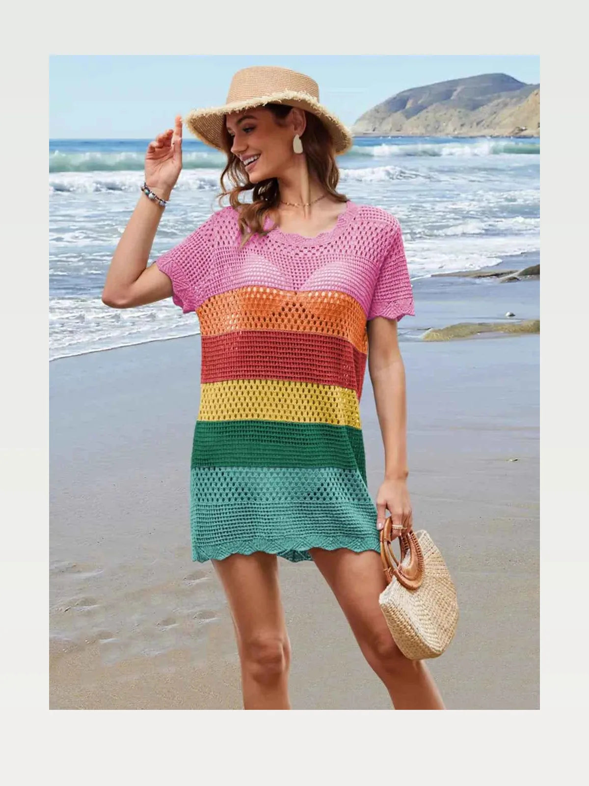 Openwork Round Neck Short Sleeve Cover-UP — styled showcase — Livostyle