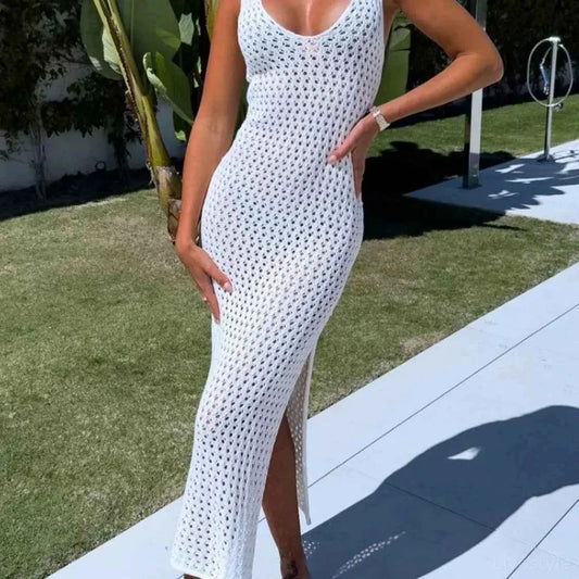 Openwork Slit Scoop Neck Sweater Dress — square view — Livostyle