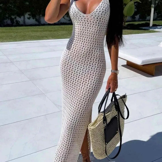 Openwork Slit Sweater Maxi Dress — square view — Livostyle