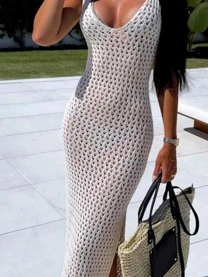 Openwork Slit Sweater Maxi Dress — detail view — Livostyle