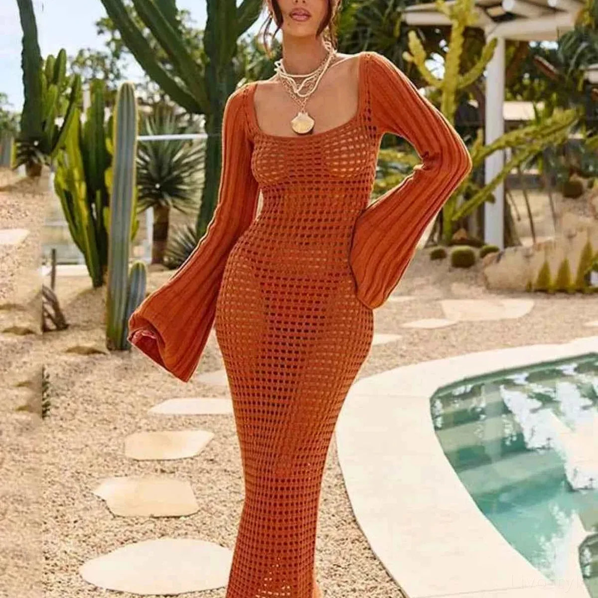 Openwork Square Neck Flare Sleeve Cover-Up Dress — square view — Livostyle