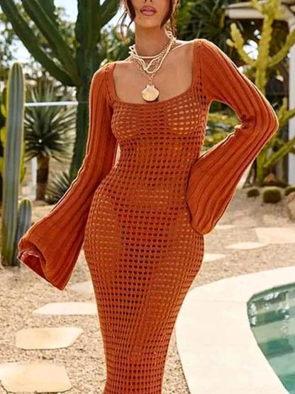 Openwork Square Neck Flare Sleeve Cover-Up Dress — detail view — Livostyle