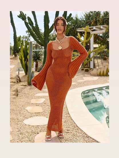 Openwork Square Neck Flare Sleeve Cover-Up Dress — styled showcase — Livostyle