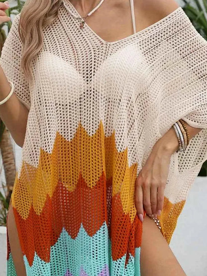 Openwork V-Neck Half Sleeve Cover-Up — detail view — Livostyle