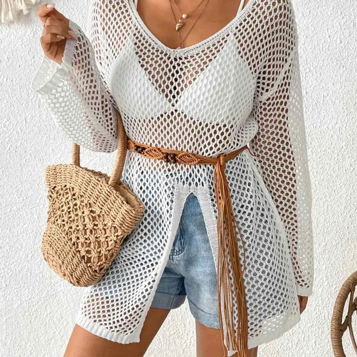 Openwork V-Neck Slit Cover-Up — square view — Livostyle