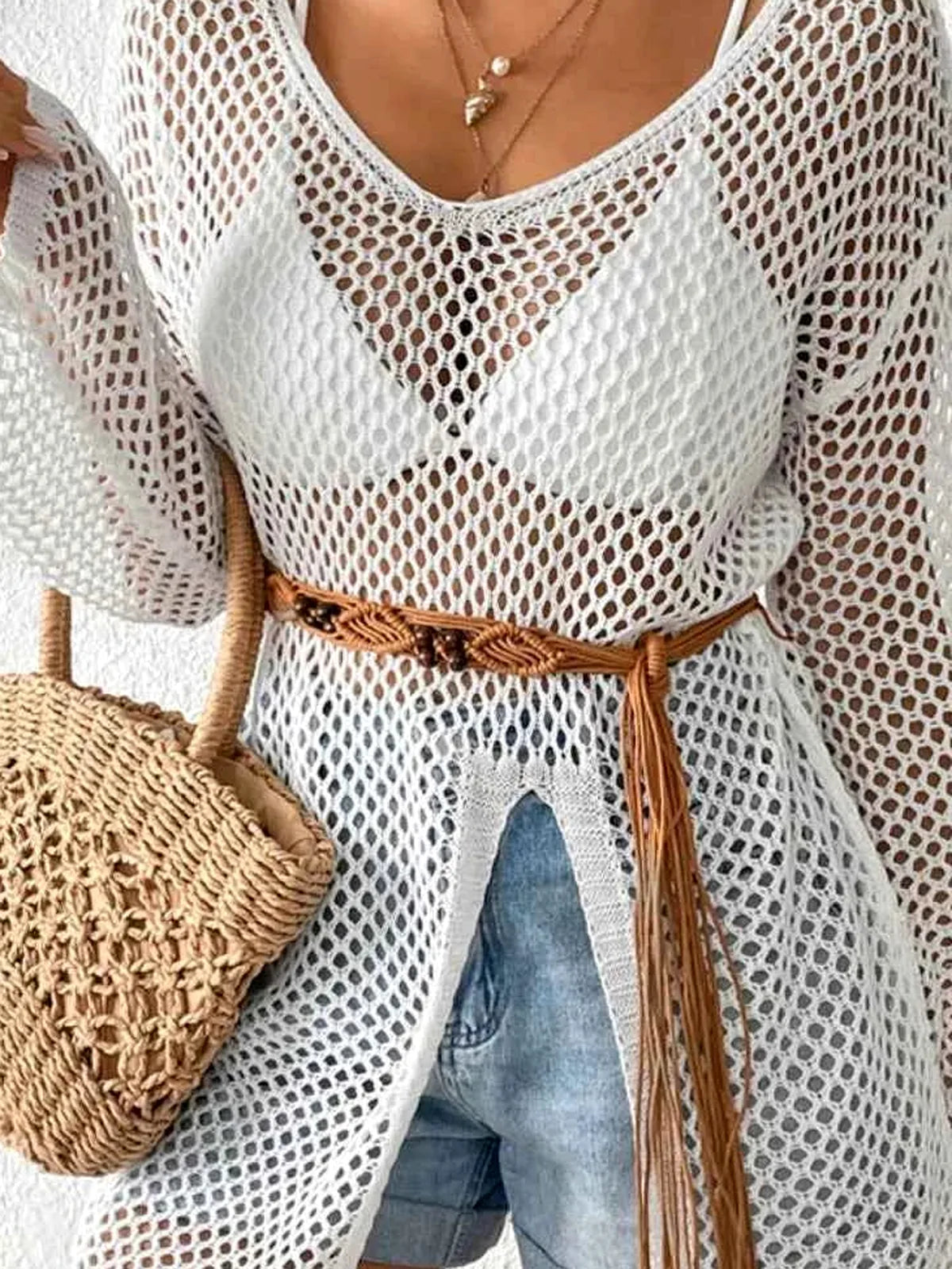 Openwork V-Neck Slit Cover-Up — detail view — Livostyle