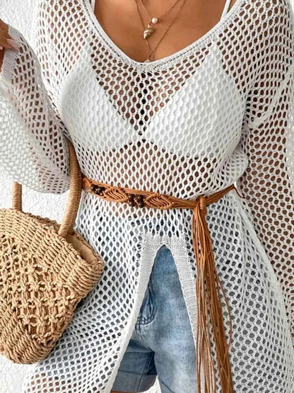 Openwork V-Neck Slit Cover-Up — detail view — Livostyle