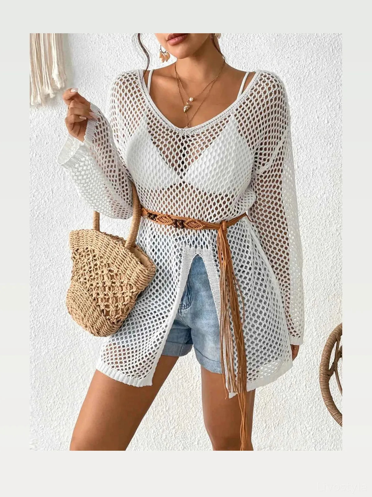 Openwork V-Neck Slit Cover-Up — styled showcase — Livostyle