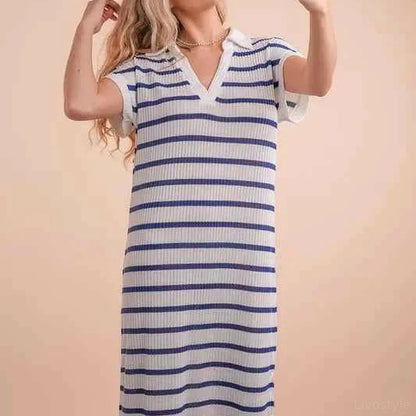 Oversized Collared Striped Knit Midi Dress — square view — Livostyle