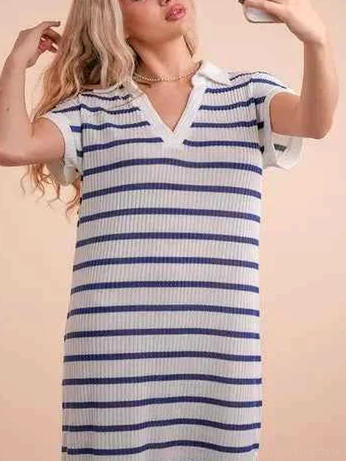 Oversized Collared Striped Knit Midi Dress — detail view — Livostyle