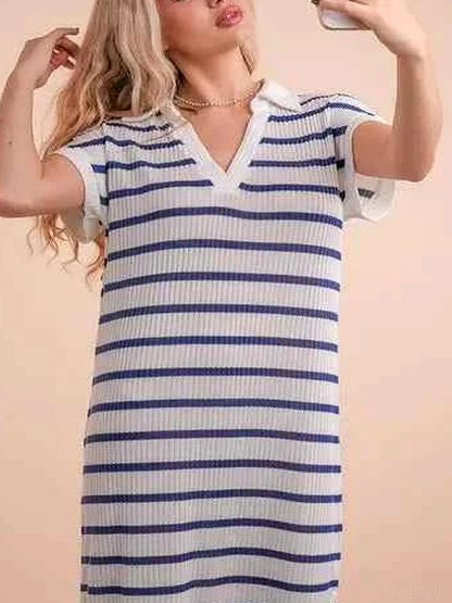Oversized Collared Striped Knit Midi Dress — detail view — Livostyle