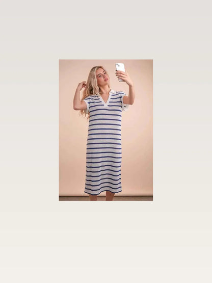 Oversized Collared Striped Knit Midi Dress — styled showcase — Livostyle