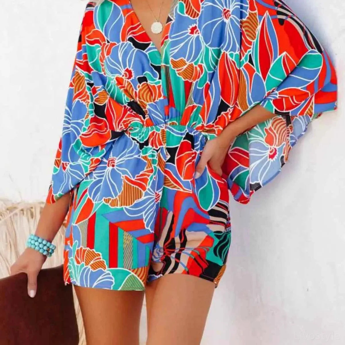 Oversized Tied Back Printed Romper — square view — Livostyle