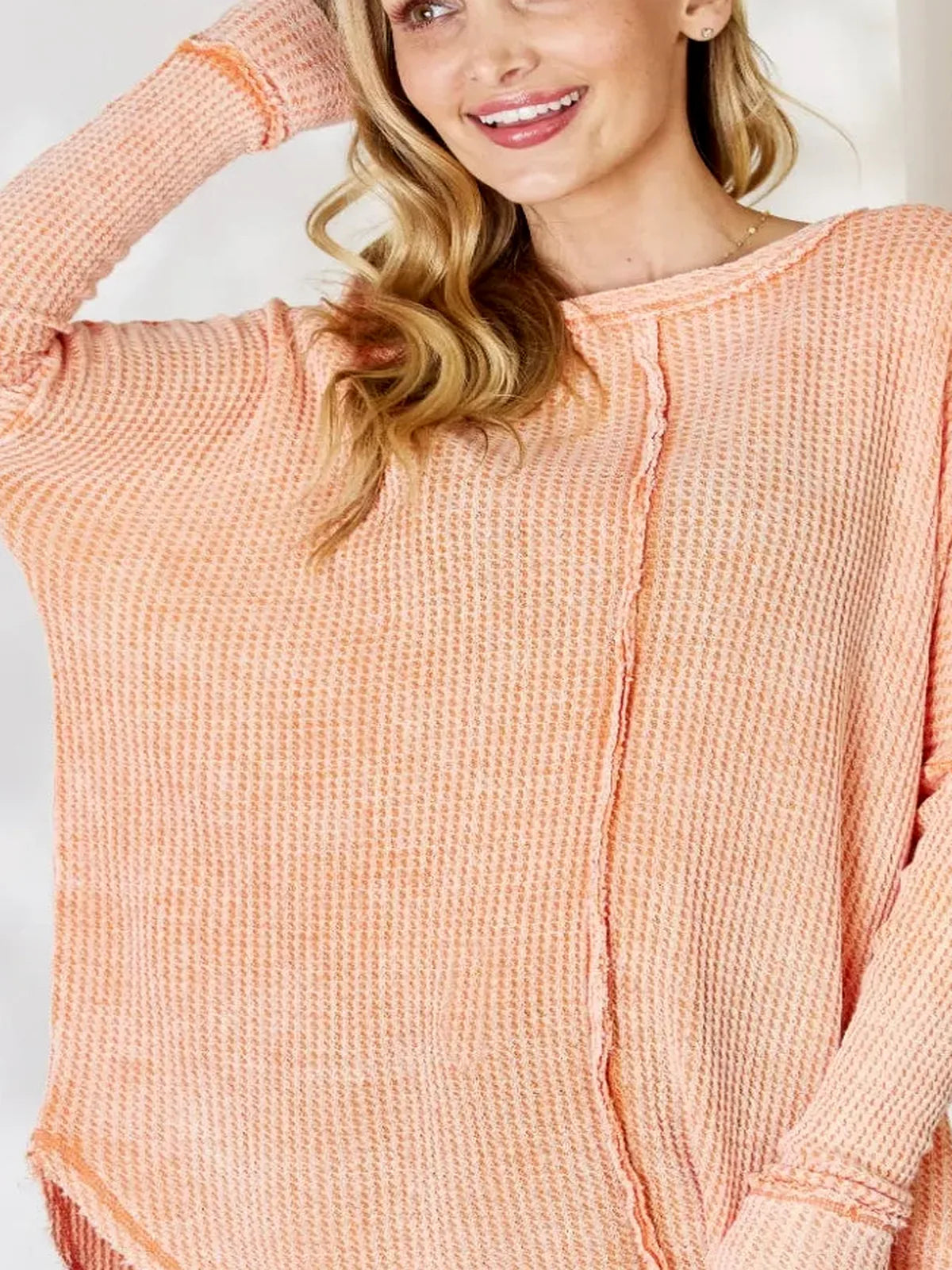 Oversized Washed Waffle Long Sleeve Top — detail view — Livostyle
