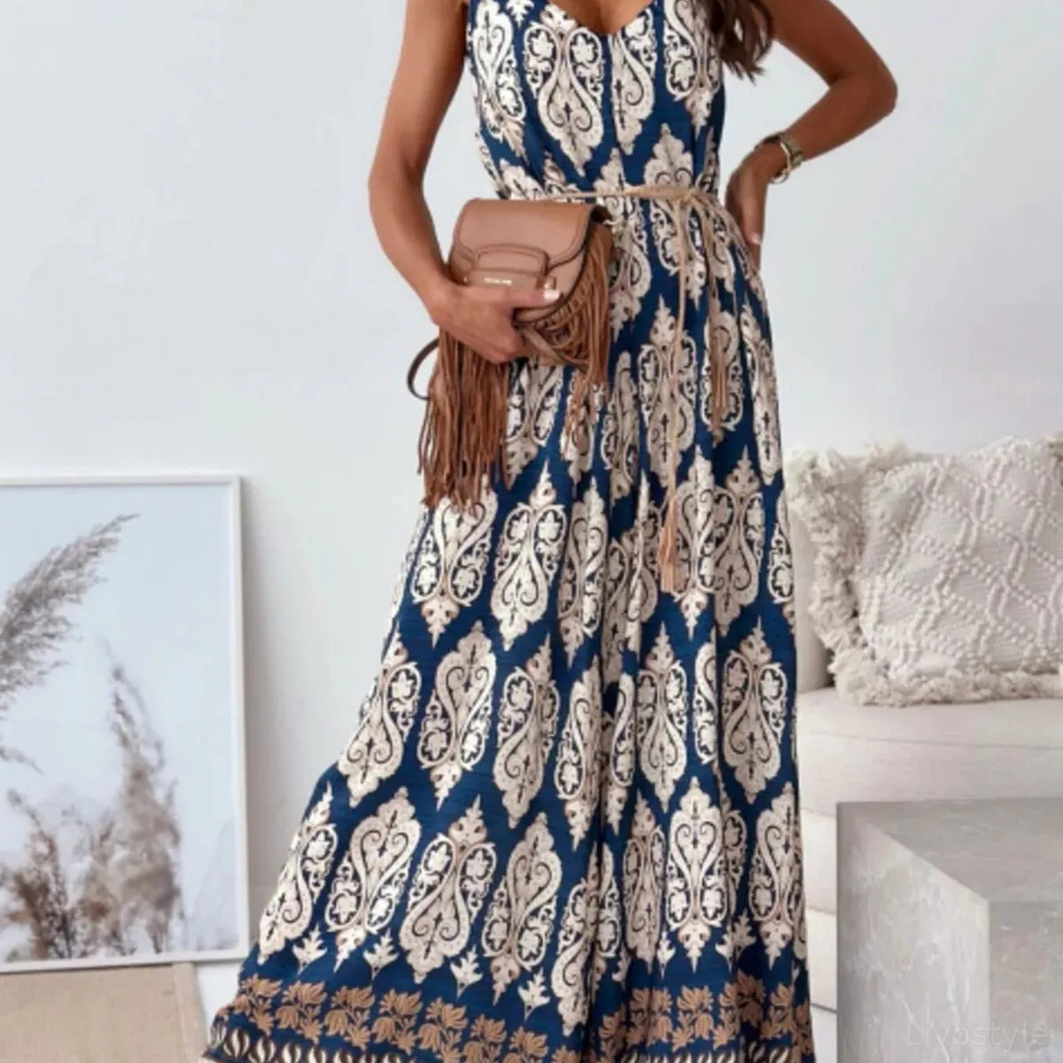 Paisley Print Spaghetti Strap Wide Leg Jumpsuit — square view — Livostyle