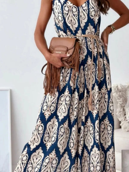 Paisley Print Spaghetti Strap Wide Leg Jumpsuit — detail view — Livostyle