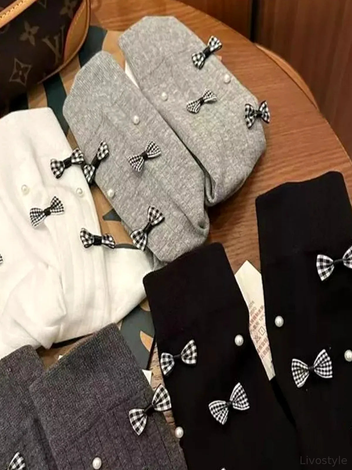 Pearl Detail Bow Crew Socks — detail view — Livostyle