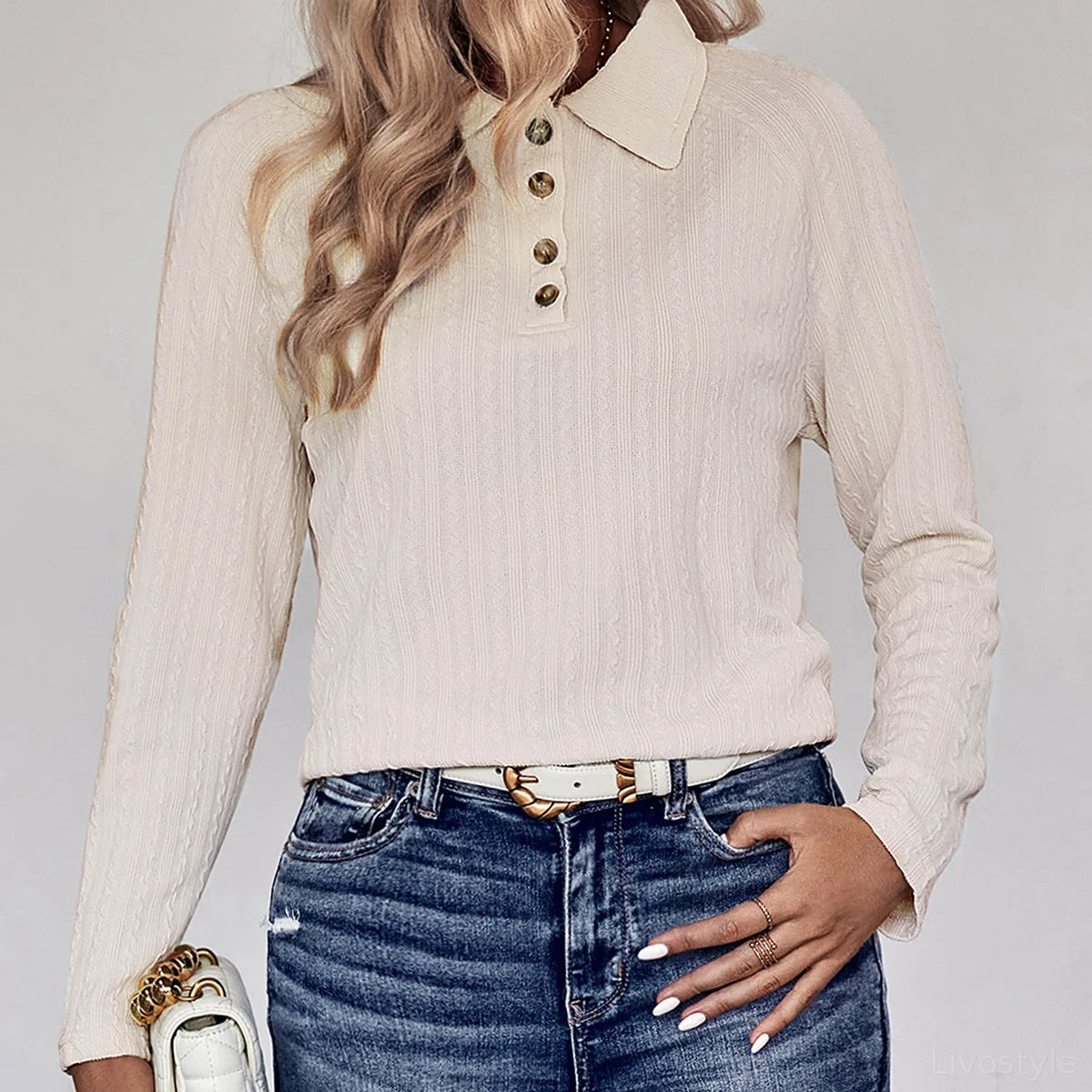 Collared Neck Buttoned Long Sleeve Top — square view — Livostyle