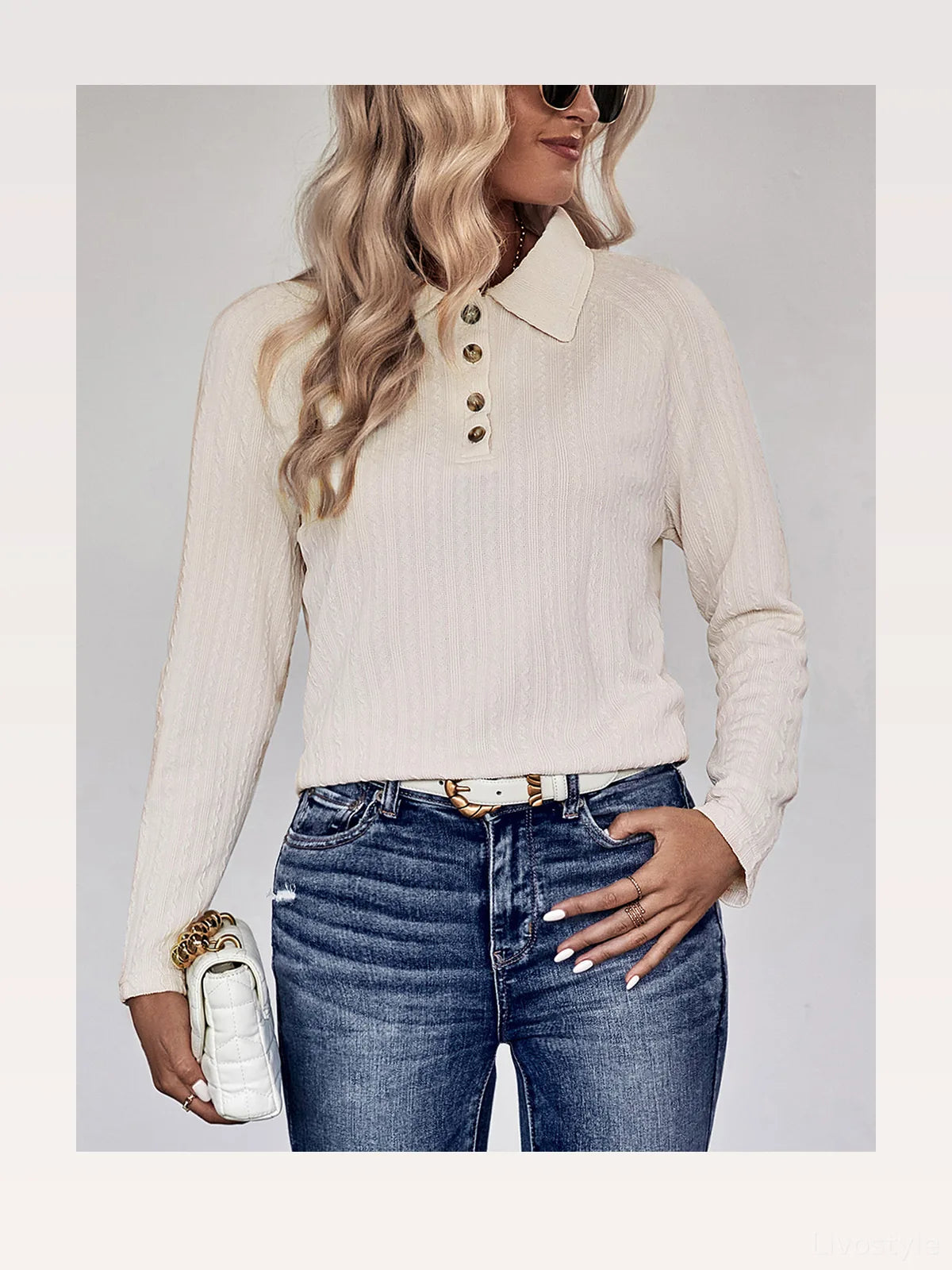 Collared Neck Buttoned Long Sleeve Top — styled showcase — Livostyle