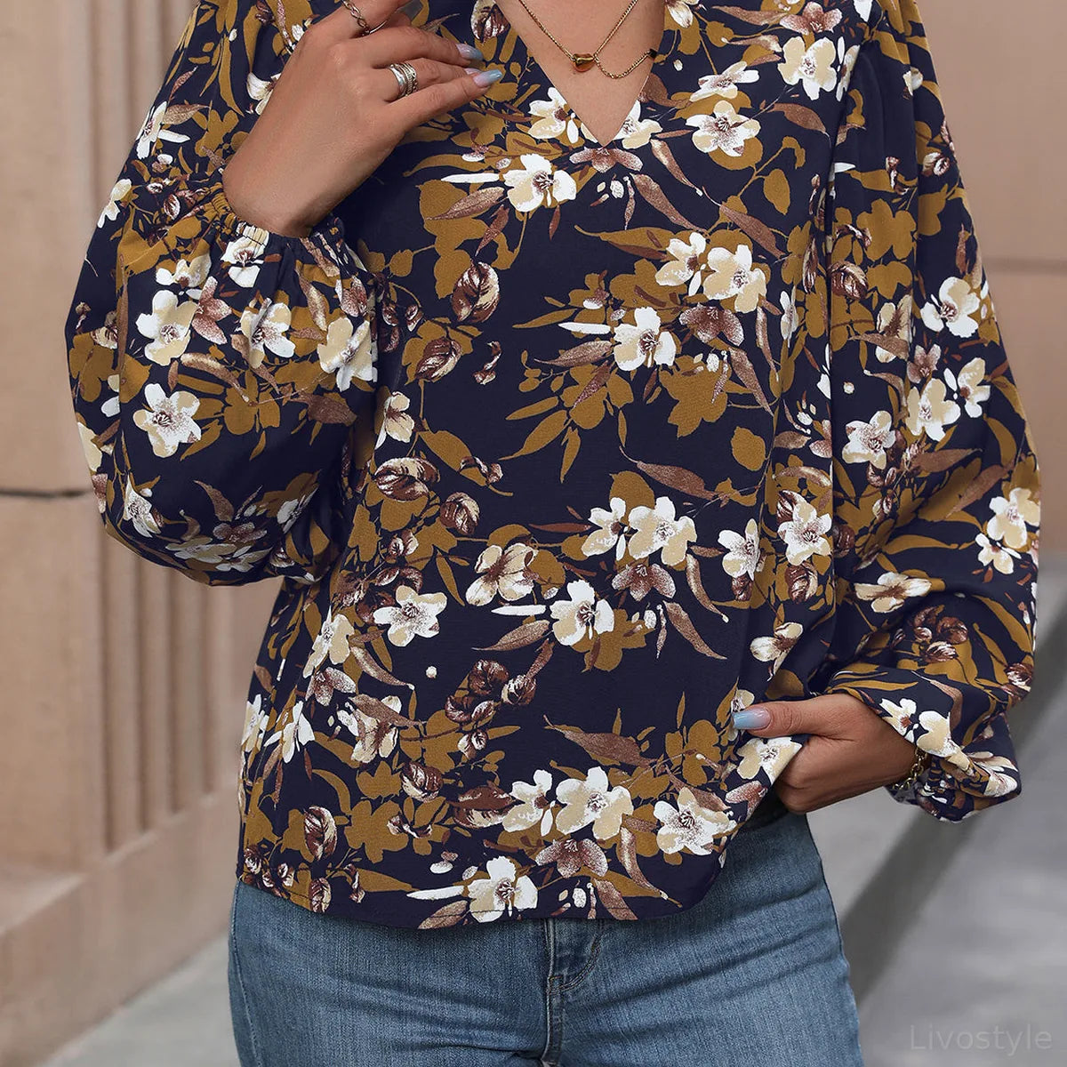 Floral Notched Balloon Sleeve Blouse — square view — Livostyle