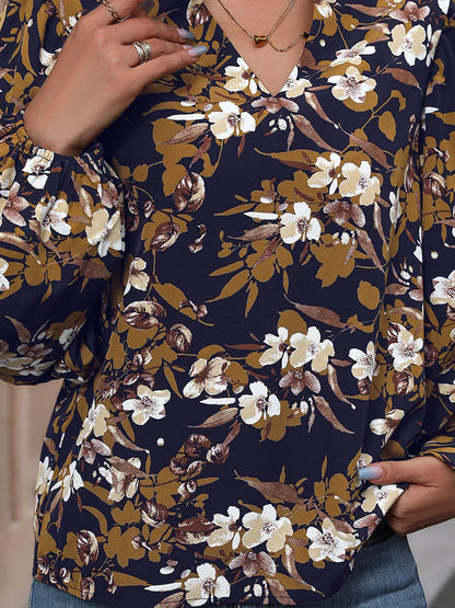 Floral Notched Balloon Sleeve Blouse — detail view — Livostyle