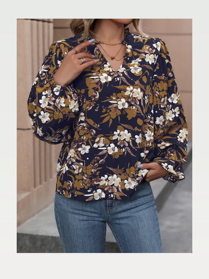 Floral Notched Balloon Sleeve Blouse — styled showcase — Livostyle