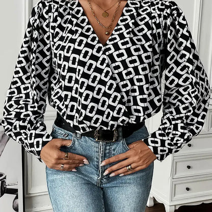 Geometric V-Neck Long Sleeve Blouse — square view — Livostyle