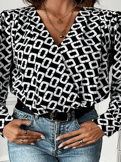 Geometric V-Neck Long Sleeve Blouse — detail view — Livostyle