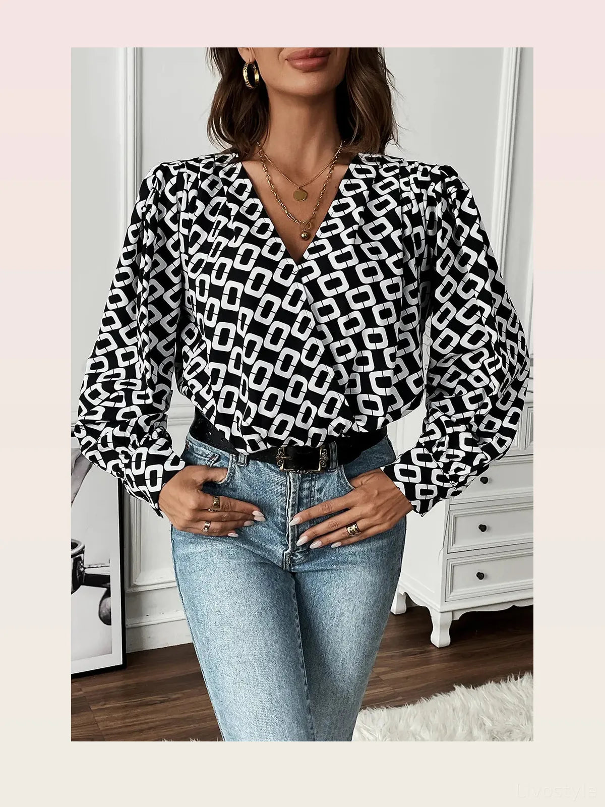 Geometric V-Neck Long Sleeve Blouse — styled showcase — Livostyle